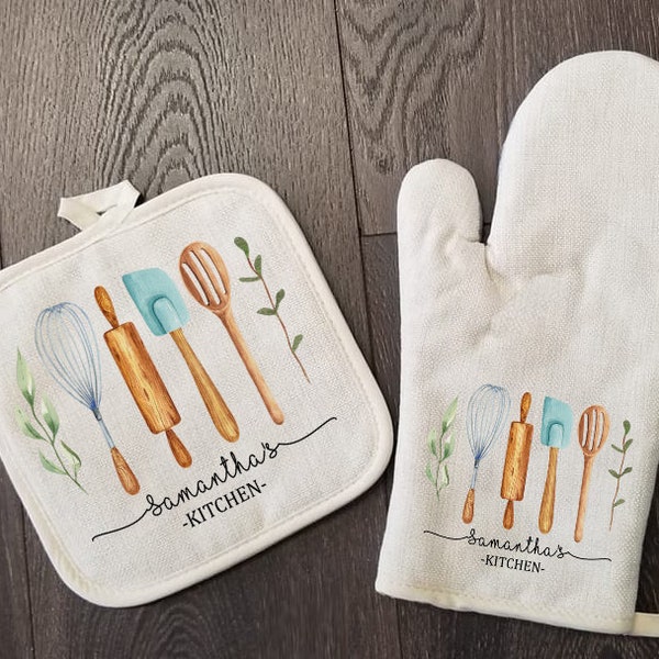 Personalized Oven Mitt & Pot Holder Set, Grandma Gift Set Hand Drawn Whisk Spoon Oven Mitts, Gifts for Mom, Camping RV