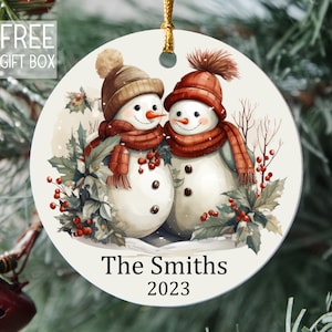 Christmas Snowman Couple Ornament, Holiday Snowmen Personalized Ornament, Merry Christmas Any Name Year