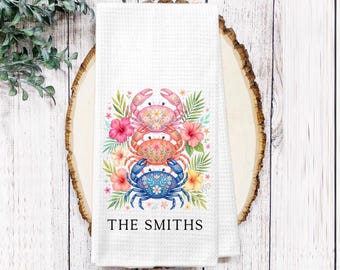Floral Coastal Crabs Tea Dish Towel - Personalized Crab Towel Kitchen Décor - Housewarming Decorations house Towel