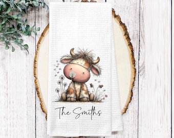 Personalized Whimsical Cow Kitchen Towel – Cows Flowers Waffle Weave Tea Towel