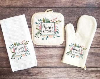 Floral Frame Personalized Towel Oven Mitt & Pot Holder Set, Personalized Gift Set, Grandma Gift, Mimi Gift Oven Mitts, Custom Kitchen Set