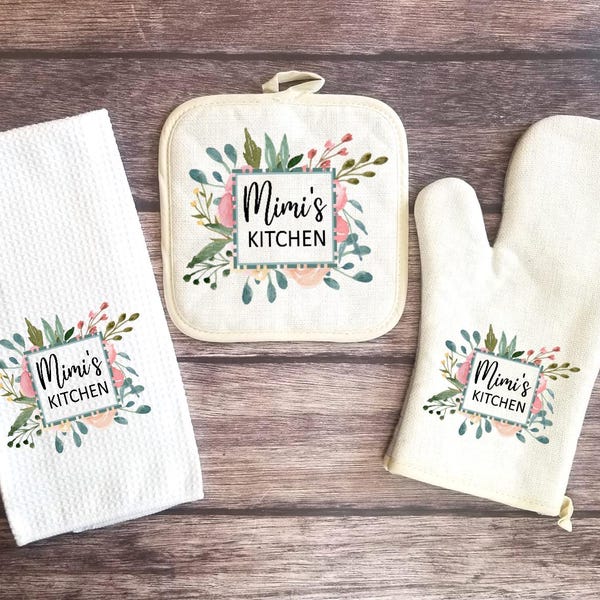 Floral Frame Personalized Towel Oven Mitt & Pot Holder Set, Personalized Gift Set, Grandma Gift, Mimi Gift Oven Mitts, Custom Kitchen Set