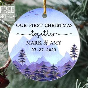 Personalized First Christmas Together Ornament, Winter Blue Mountains Gift Ornament, Merry Christmas Any Name Year