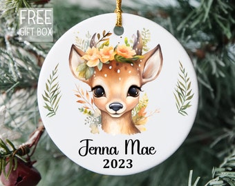 Christmas Deer Personalized Ornament, Watercolor Fawn Kids Gift Ornament, Merry Christmas Any Name Year