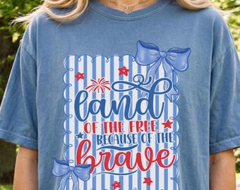Land of the Free Brave Graphic T-Shirt, Preppy 4th of July Bow Tee