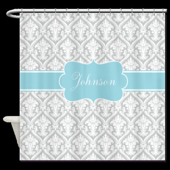 Items similar to Gray Damask Personalized Fabric Shower Curtain You