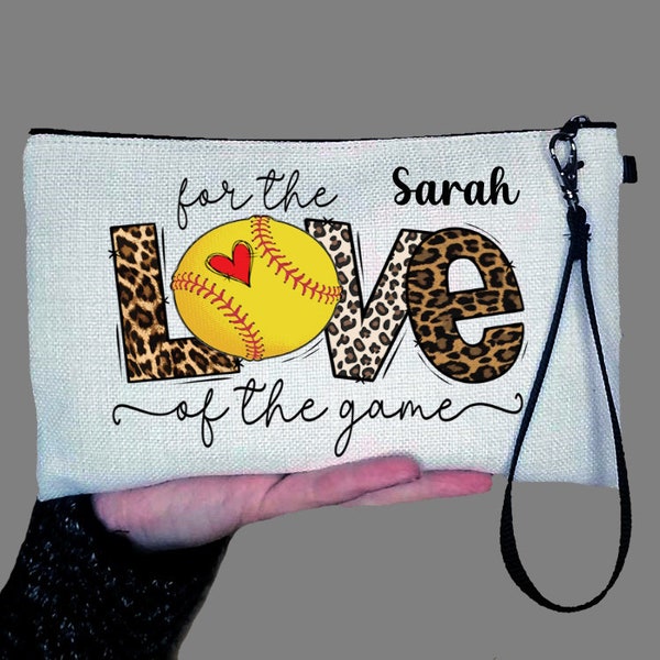 Personalized Softball Makeup Bag, Natural Linen Cosmetic Bag with Handle