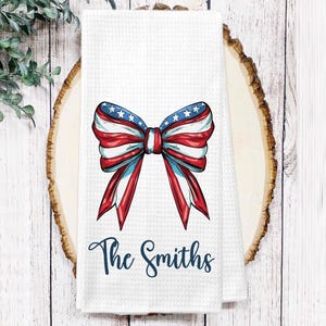 Personalized USA Bow America Tea Dish Towel - Americana 4th of July Towel Kitchen Décor - Housewarming Decorations house Towel