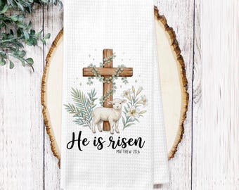 He Is Risen Cross Easter Kitchen Dish Towel - Christian Lamb Tea Waffle Towel Decor