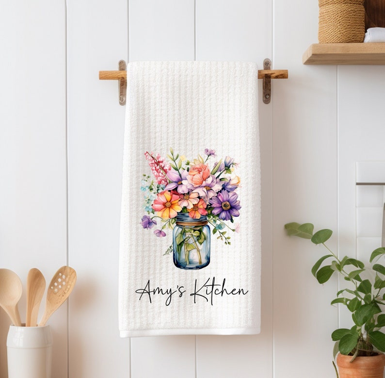 Personalized Floral Dish Towel Spring Flowers in Jar Tea Towel Kitchen New Home Gift, Housewarming Farm Decorations house Decor Towel image 1