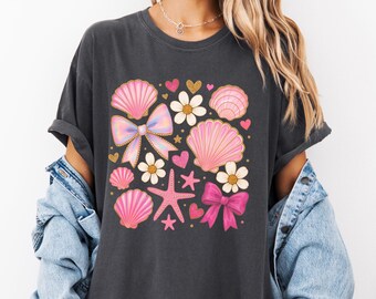 Seashells and Pink Bows Comfort Colors T-Shirt, Coquette Preppy Tee