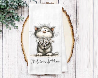 Personalized Whimsical Cat Kitchen Towel – Kitty Daisy Flowers Waffle Weave Tea Towel