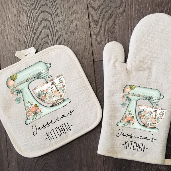 Personalized Oven Mitt & Pot Holder Set, Grandma Gift Set Floral Mixer Oven Mitts, Gifts for Mom, Camping RV