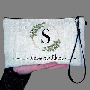Monogram Floral Leaf Makeup Bag, Best Friend Gifts Cosmetic Bag, Personalized Toiletry Bag, Device Bag, Eucalyptus Frame Make-up Bag Handle