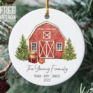 Country Christmas Red Barn Farm Tree Ornament, Winter Barn Personalized Ornament, Merry Christmas Any Name Year