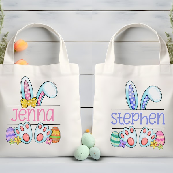 Personalized Bunny Ears Kids Easter Tote, Easter Egg Hunt Bag, Girl Boy Personalized Easter Basket Bag, Easter Eggs Hunting Bag