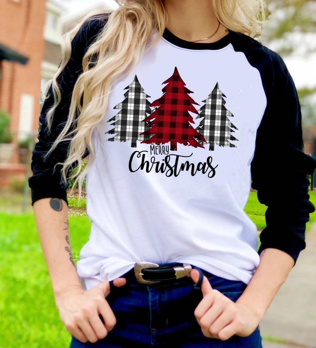 Merry Christmas Shirt For Women - Buffalo Plaid Holiday Graphic Tee Casual Top - View #9