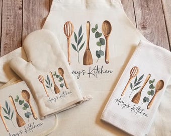 Personalized Linen Apron Set, Wood Utensils Greenery Custom Oven Mitt Tea Towel Apron Gift Set Personalized Gifts for Mom, Mimi's Kitchen