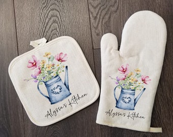 Wildflowers Rustic Can Oven Mitt & Pot Holder Set, Personalized Gift Set For Baker, Wedding Bridal Shower Oven Mitts, Custom Kitchen Set