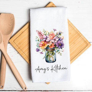 Personalized Floral Dish Towel Spring Flowers in Jar Tea Towel Kitchen New Home Gift, Housewarming Farm Decorations house Decor Towel image 2