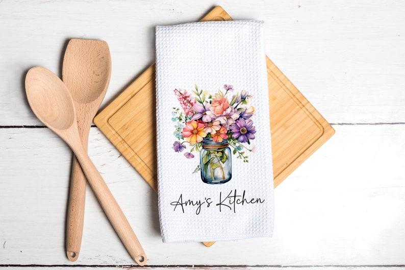 Personalized Floral Dish Towel Spring Flowers in Jar Tea Towel Kitchen New Home Gift, Housewarming Farm Decorations house Decor Towel image 2