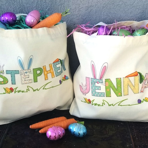 Personalized Kids Easter Tote, Easter Egg Hunt Bag, Girl Boy Personalized Easter Basket Tote Bag, Easter Eggs Hunting Bag