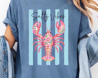 Preppy Floral Lobster Comfort Colors T-shirt, Beach Summer Vacation Tee