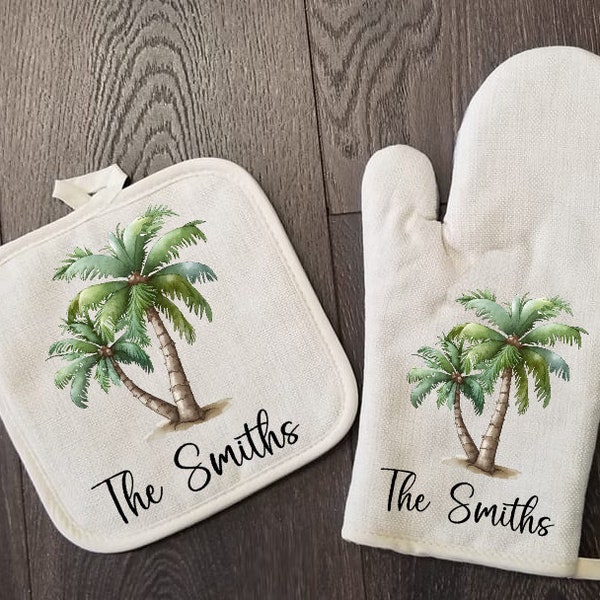 Personalized Tropical Palm Trees Oven Mitt & Pot Holder Set, Gift Set Personalized Oven Mitts, Gifts for Mom, Beach House Gift, Hostess Gift