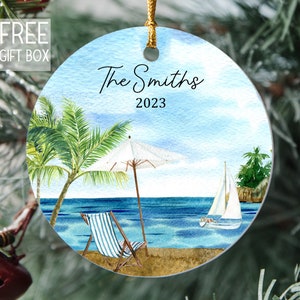 Personalized Beach Scene Ornament, Watercolor Beach Personalized Ornament, Merry Christmas Any Name Year