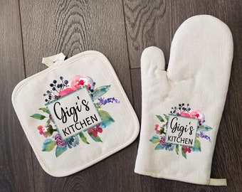 Gigi's Kitchen Peonies Oven Mitt & Pot Holder Set, Grandma Gift Set Personalized Oven Mitts, Gifts for Mom