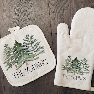 Christmas Farm Trees Personalized Oven Mitt & Pot Holder Set, Fir Tree Christmas Gift Set Oven Mitts, Gifts for Mom
