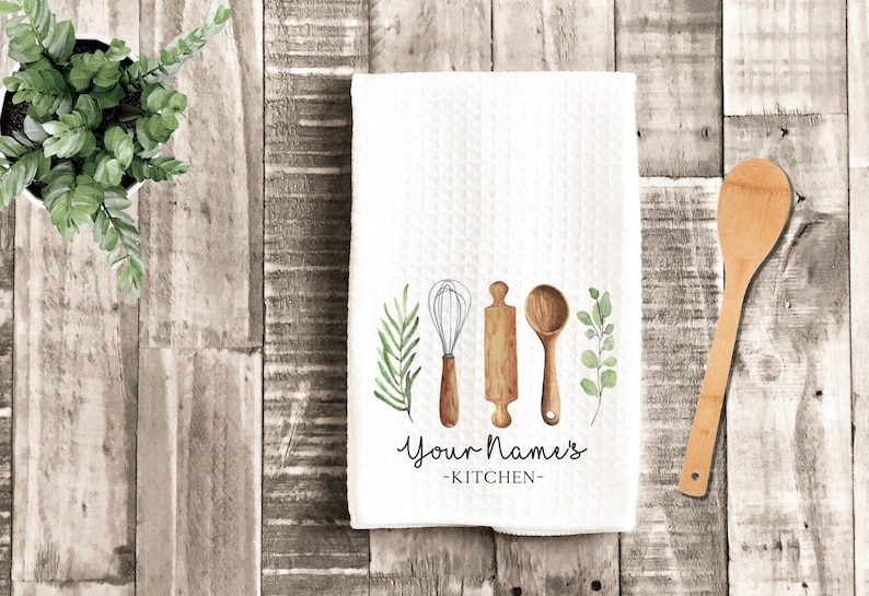 Personalized Tea Dish Towel Watercolor Utensils Tea Towel Kitchen Décor Housewarming Farm Decorations house Towel, Grandma Mom Gift image 1
