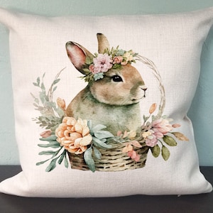 Bunny Rabbit In Basket Pillow Cover - Easter Pillow Cover - Watercolor Bunny Decorations Farm house Decor Throw Pillow Cover