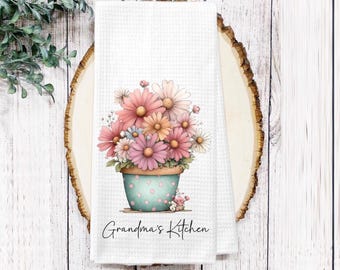 Personalized Grandma's Kitchen Flower Pot Towel – Cottage Flowers Waffle Weave Tea Towel