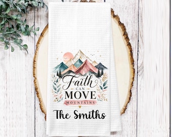 Faith Can Move Mountains Towel – Personalized Christian Floral Waffle Weave Tea Towel