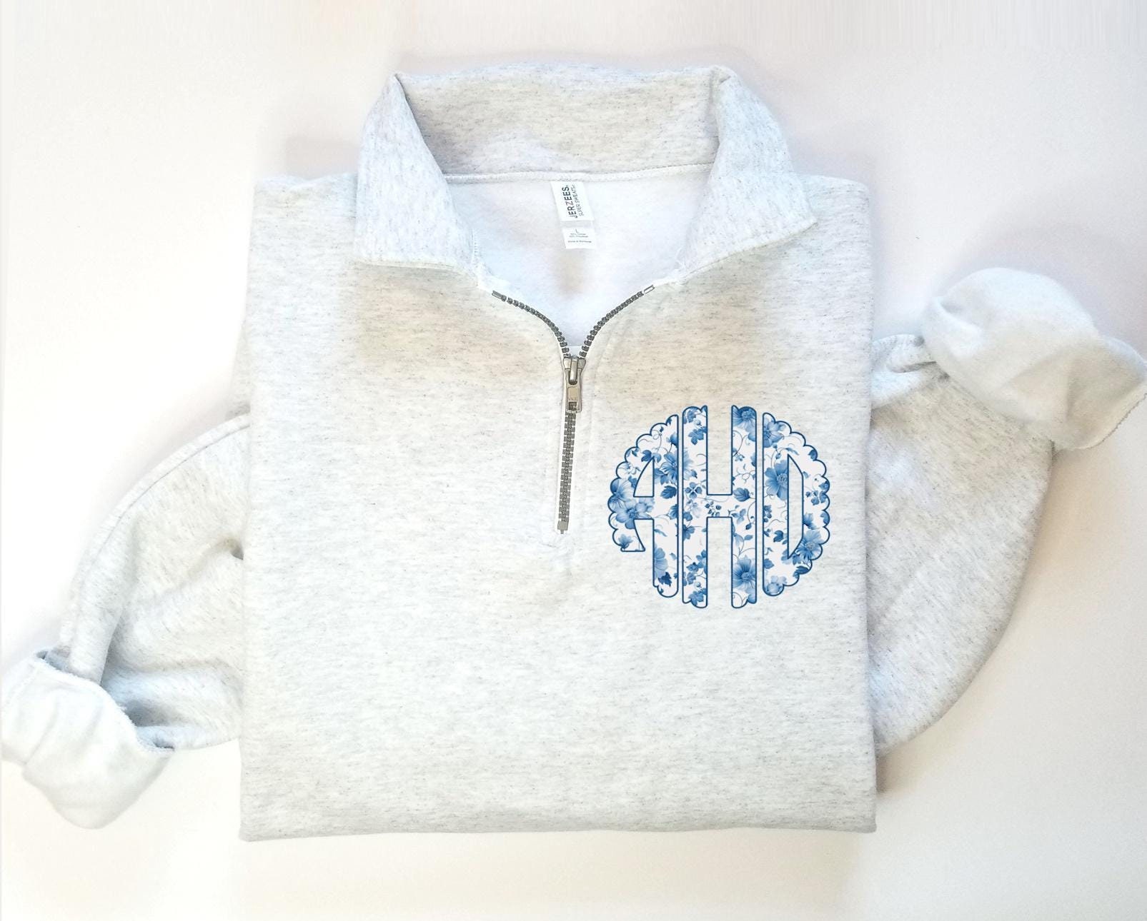 Monogram Quarter Zip Sweatshirt: Blue Toile Personalized Pullover