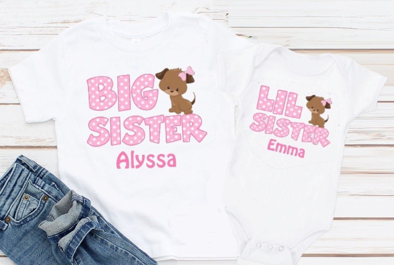 Pink Dot Puppy Dogs Big Sister Shirts Set Siblings Little Sister T-shirts