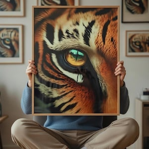 Puede incluir: Impresión artística enmarcada que presenta un primer plano del ojo y las marcas faciales de un tigre. La obra de arte muestra el pelaje naranja, negro y blanco del tigre con un ojo detallado que refleja un tono verde y amarillo. La impresión la sostiene una persona.