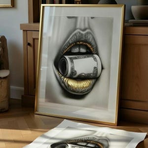 Minimalistische Wandkunst mit goldenen Akzenten – Goldene Lippen, zeitgenössischer digitaler Kunstdruck