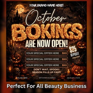 October Booking Flyer, October Books Open, Halloween Hair Flyer, Spooky SZN Flyer, October Hair Flyer, Nails MUA Lash Locs Wig, DIY Canva
