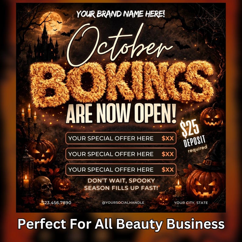 October Booking Flyer, October Books Open, Halloween Hair Flyer, Spooky SZN Flyer, October Hair Flyer, Nails MUA Lash Locs Wig, DIY Canva