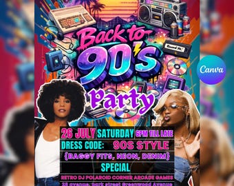 Editable 90s Birthday Party Invitation, Neon Dance Design (Digital Download)