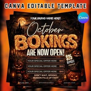 October Booking Flyer, October Books Open, Halloween Hair Flyer, Spooky SZN Flyer, October Hair Flyer, Nails MUA Lash Locs Wig, DIY Canva