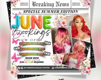 June Booking Flyer, Newspaper Style Summer Hair Flyer, June Books Open, Canva Template, Summer Flyer, June Nails Flyer, June Makeup Flyer