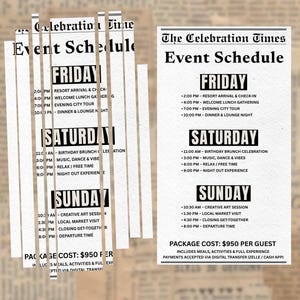 Puede incluir: Un programa de eventos estilo peri&oacute;dico, titulado "The Celebration Times". Detalla actividades para el viernes, s&aacute;bado y domingo, como llegada, almuerzo, visitas a la ciudad, m&uacute;sica y una sesi&oacute;n de arte creativo. El coste del paquete es de 950&euro; por persona.