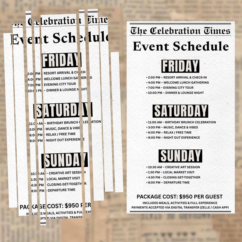 Puede incluir: Un programa de eventos estilo peri&oacute;dico, titulado "The Celebration Times". Detalla actividades para el viernes, s&aacute;bado y domingo, como llegada, almuerzo, visitas a la ciudad, m&uacute;sica y una sesi&oacute;n de arte creativo. El coste del paquete es de 950&euro; por persona.