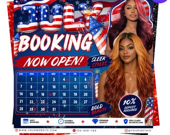 July Booking Flyer, July Bookings, 4th of July Booking Flyer, July Books Open, Appointment Flyer, Hair Nails Lashes Makeup, Book Now Flyer