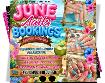 June Booking Flyer, Monthly Bookings, Summer Booking Flyer, June Books Open, Hair Nails Lash Makeup, Canva Template, Editable