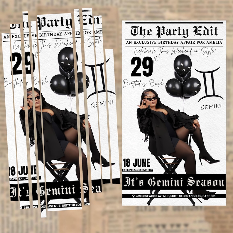 Puede incluir: Un folleto para una fiesta de cumplea&ntilde;os, "The Party Edit", con una mujer de negro, globos negros y el texto "It's Gemini Season". La fecha es el 18 de junio y la fiesta es el 29. La direcci&oacute;n es 789 Rosewood Avenue, Suite 10, Los Angeles, CA 90001.