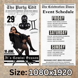 Puede incluir: Un cartel promocional para un evento de cumplea&ntilde;os, con una mujer vestida de negro, gafas de sol y globos. El cartel incluye detalles del evento, un programa y la frase "It's Gemini Season."
